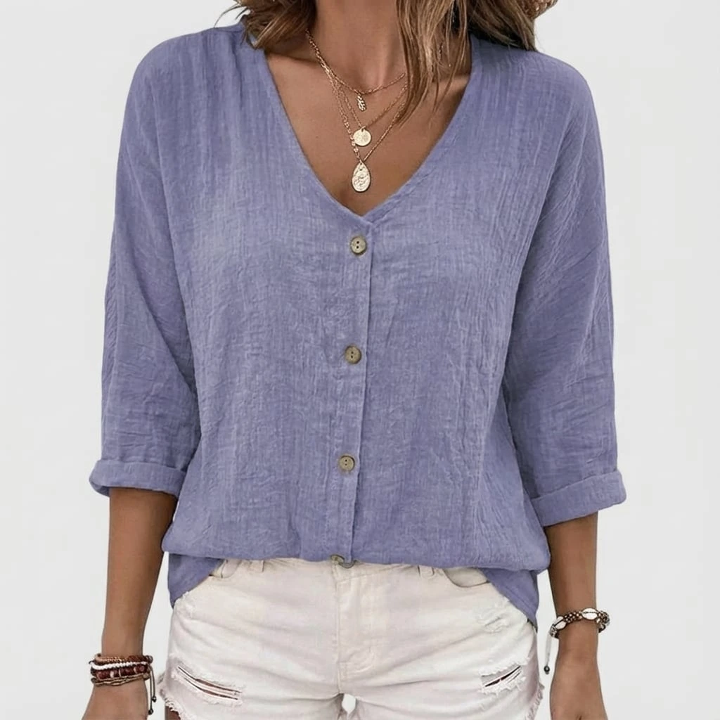 Relaxed Button-Front V-Neck Shirt