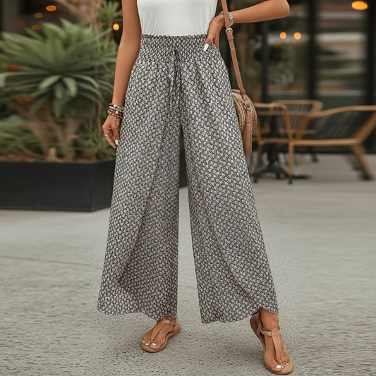 Printed Wide-Leg Pull-On Pants