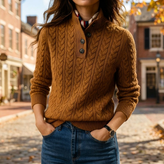 Cable-Knit Button Collar Sweater