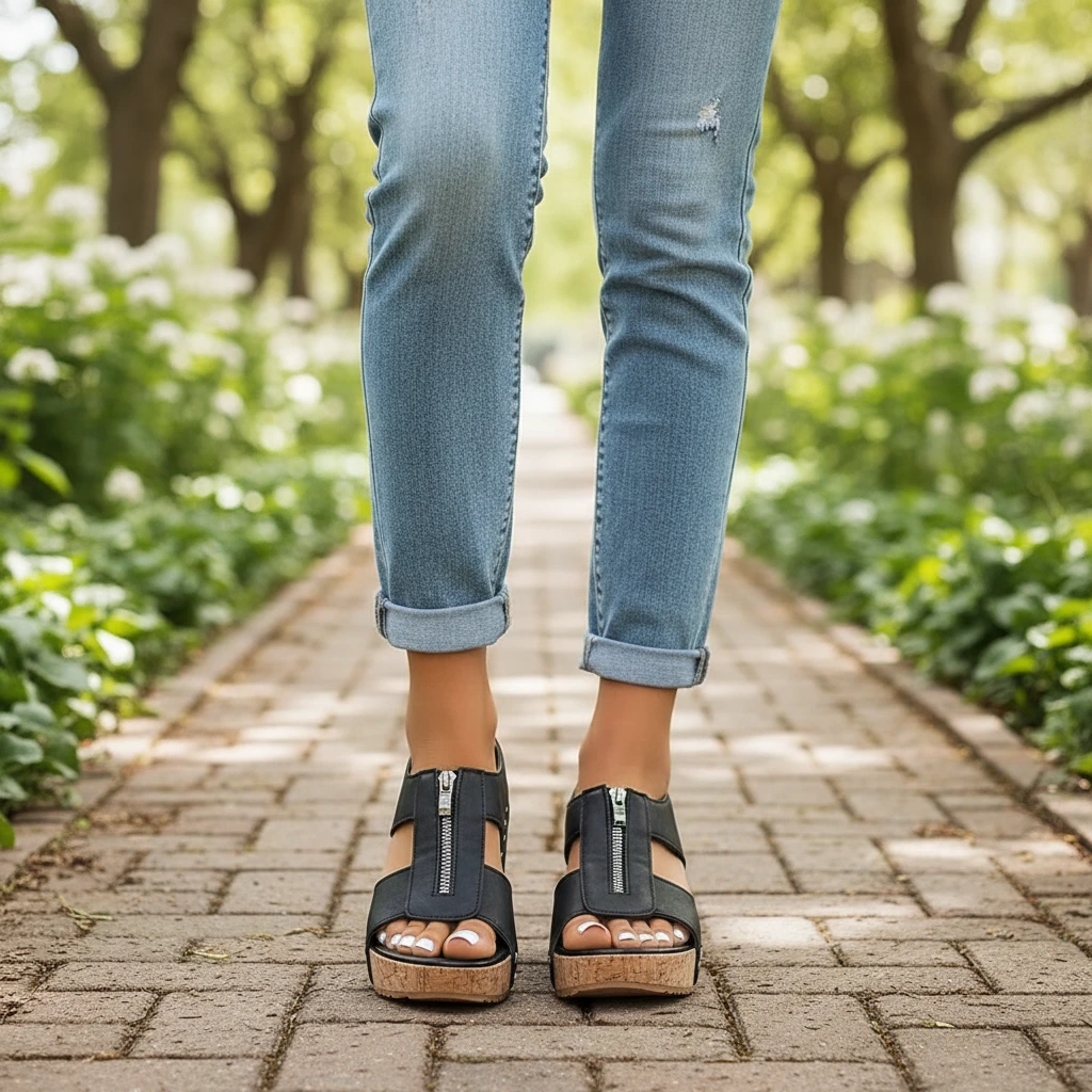 Women’s Comfort Wedge Sandals with Front Zipper