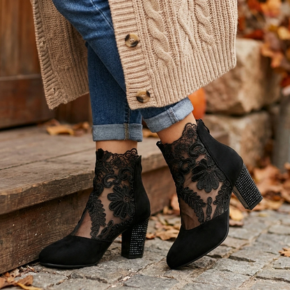 Women's Lace Panel Block Heel Ankle Comfort Boots