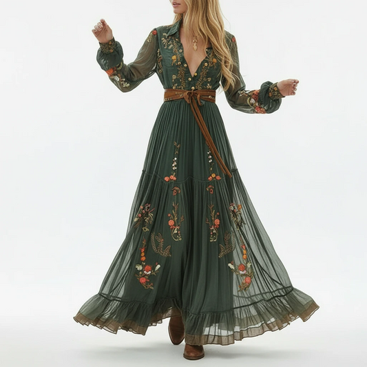 Elowira | Women’s Embroidered Long Sleeve Boho Maxi Dress