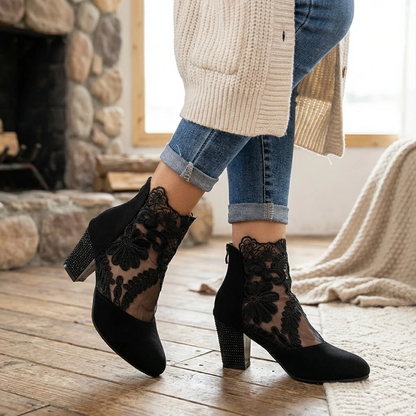Women's Lace Panel Block Heel Ankle Comfort Boots