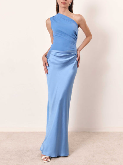 Women's Maxi Dress Pleated Satin One Shoulder