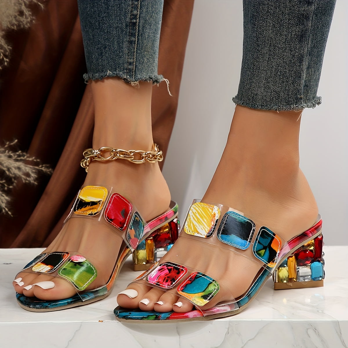 Women's Block Heel Open Toe Sandals Colorful