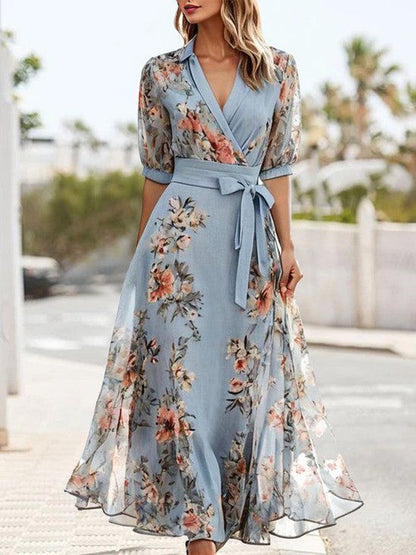 Women's Maxi Dress Wrap Style Puff Sleeves Waist Tie Belt