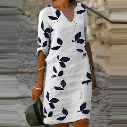 Women's Fall Leaf Print Dress Flowing Silhouette