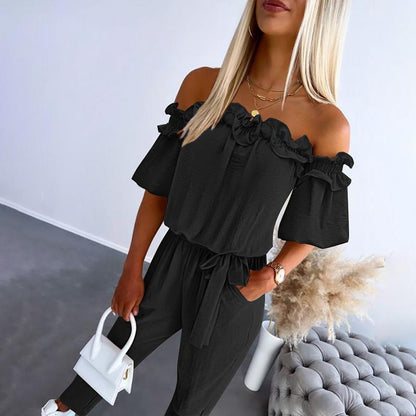 Women's Off Shoulder Jumpsuit Waist Tie