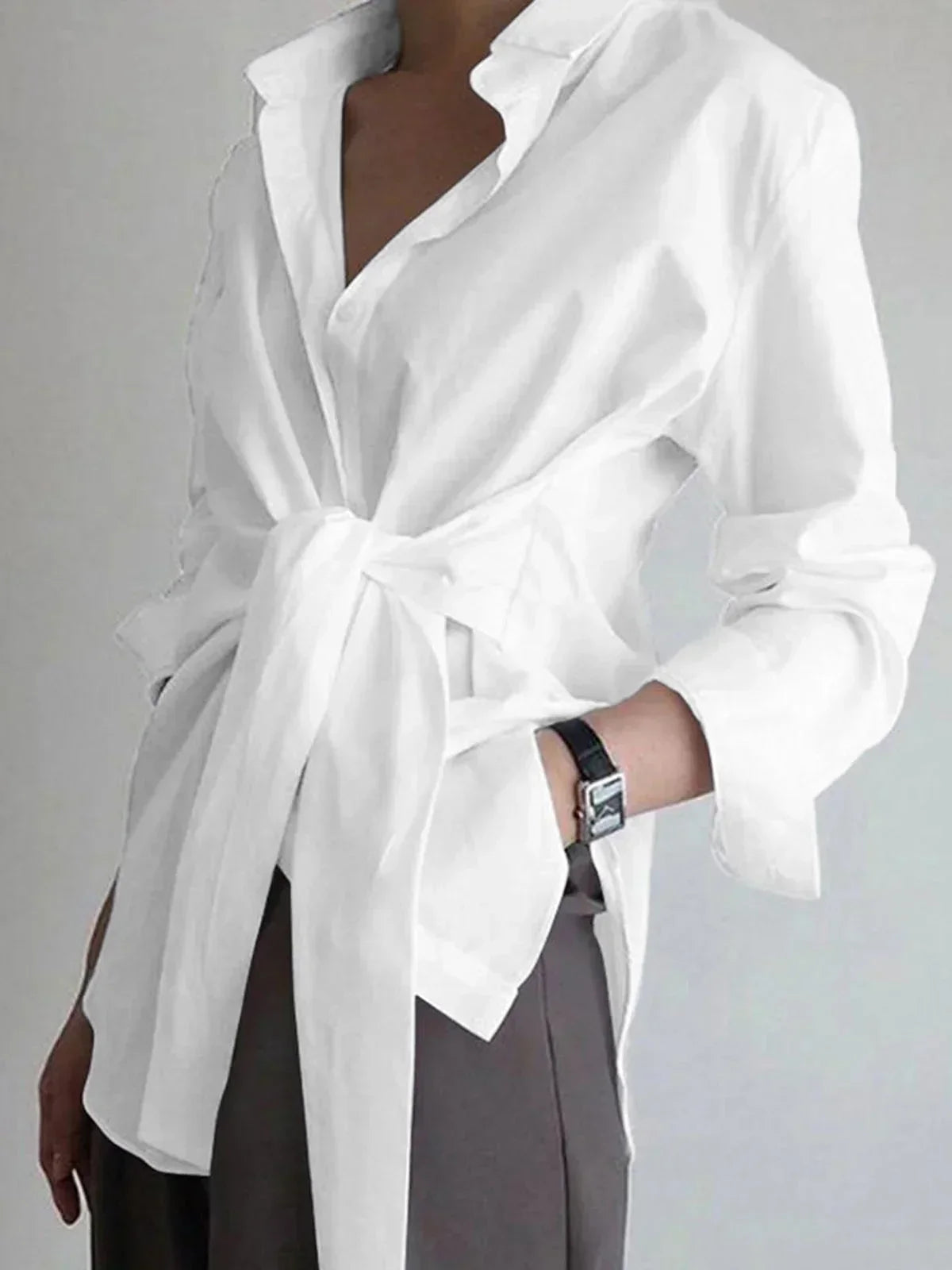 Women's Oversized Long Sleeve Shirt With Front Tie Belt