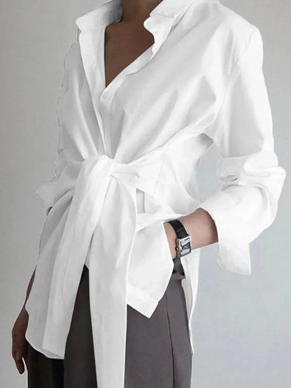 Women's Oversized Long Sleeve Shirt With Front Tie Belt