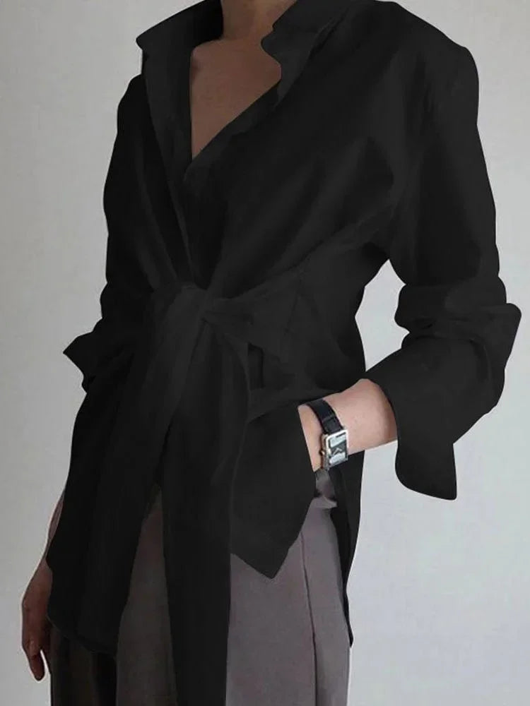 Women's Oversized Long Sleeve Shirt With Front Tie Belt