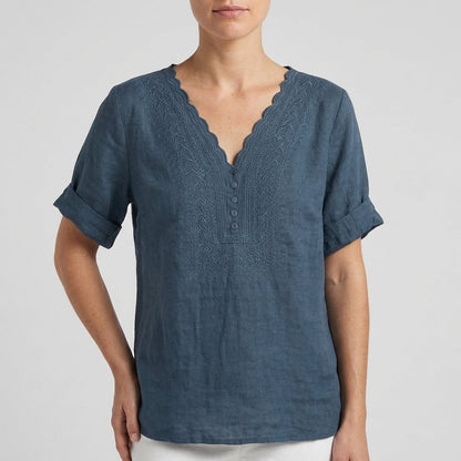 Women's Relaxed Fit V-Neck Blouse Embroidered Detail