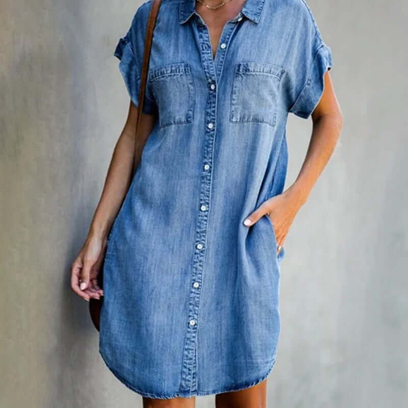 Women's Denim Mini Dress Button-Down Blue