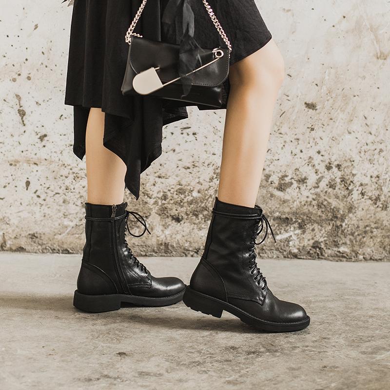 Women's Mid Ankle Boots Lace Closure Block Heel