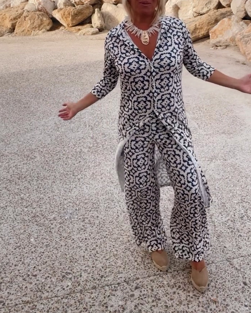 Image of Carolyn | Women's Button-Up Printed Two-Piece Pant Set