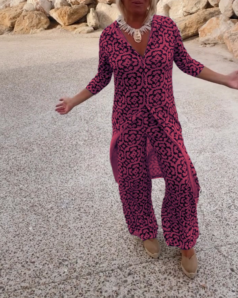 Image of Carolyn | Women's Button-Up Printed Two-Piece Pant Set