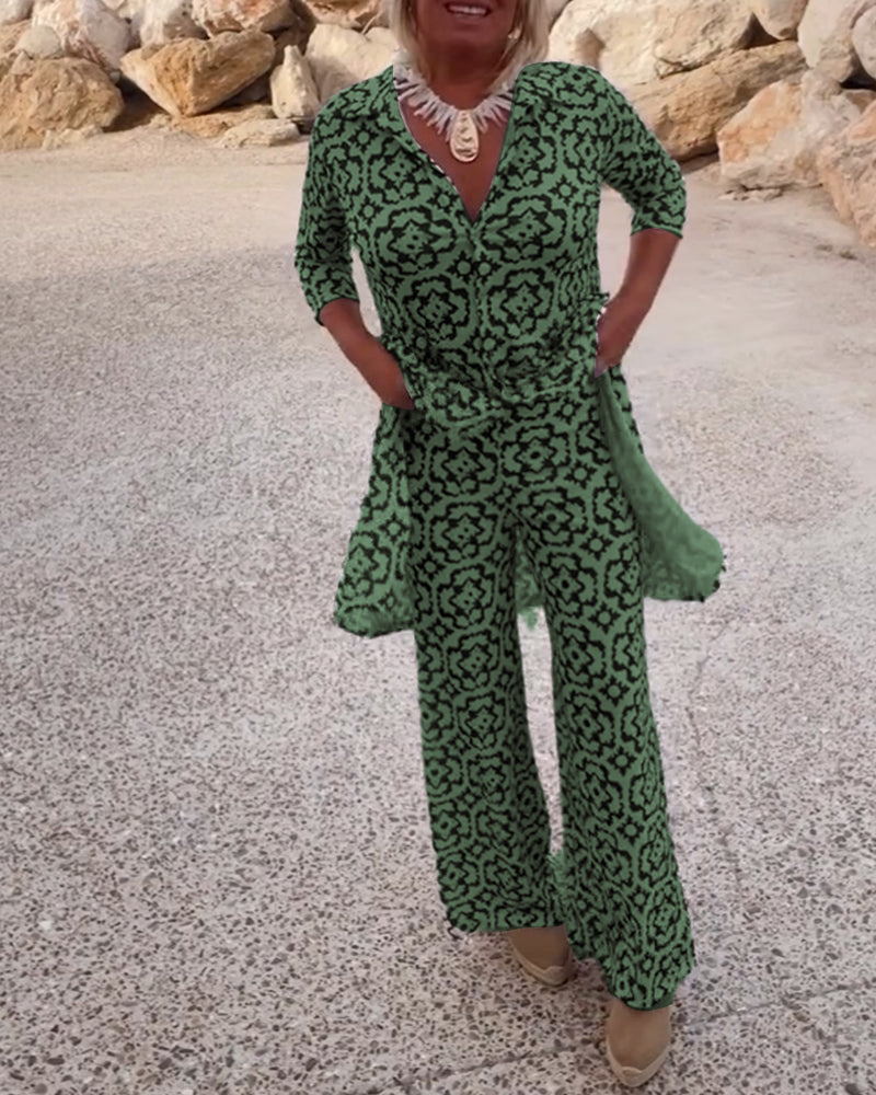 Image of Carolyn | Women's Button-Up Printed Two-Piece Pant Set