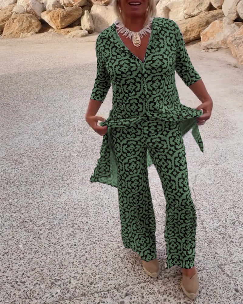Image of Carolyn | Women's Button-Up Printed Two-Piece Pant Set