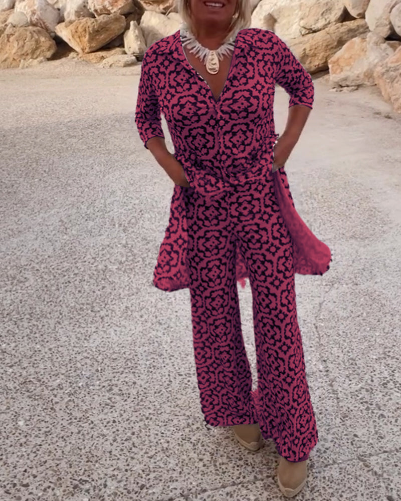 Image of Carolyn | Women's Button-Up Printed Two-Piece Pant Set