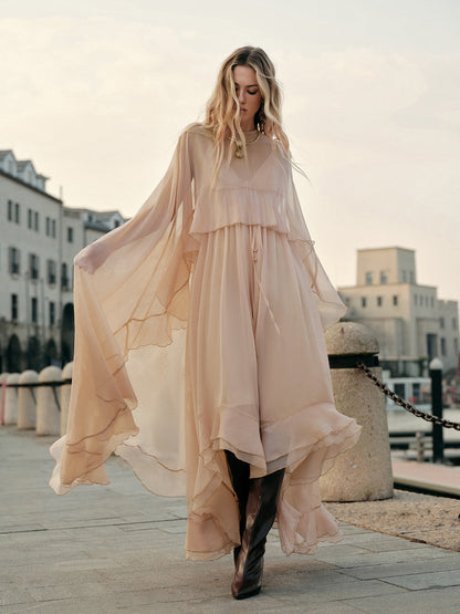 Women's Chiffon Maxi Dress Cape Sleeves