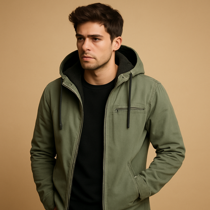 Men’s classic hooded zip-up sweatshirt with soft inner lining and relaxed fit, suitable for everyday wear during autumn, winter, and early spring.