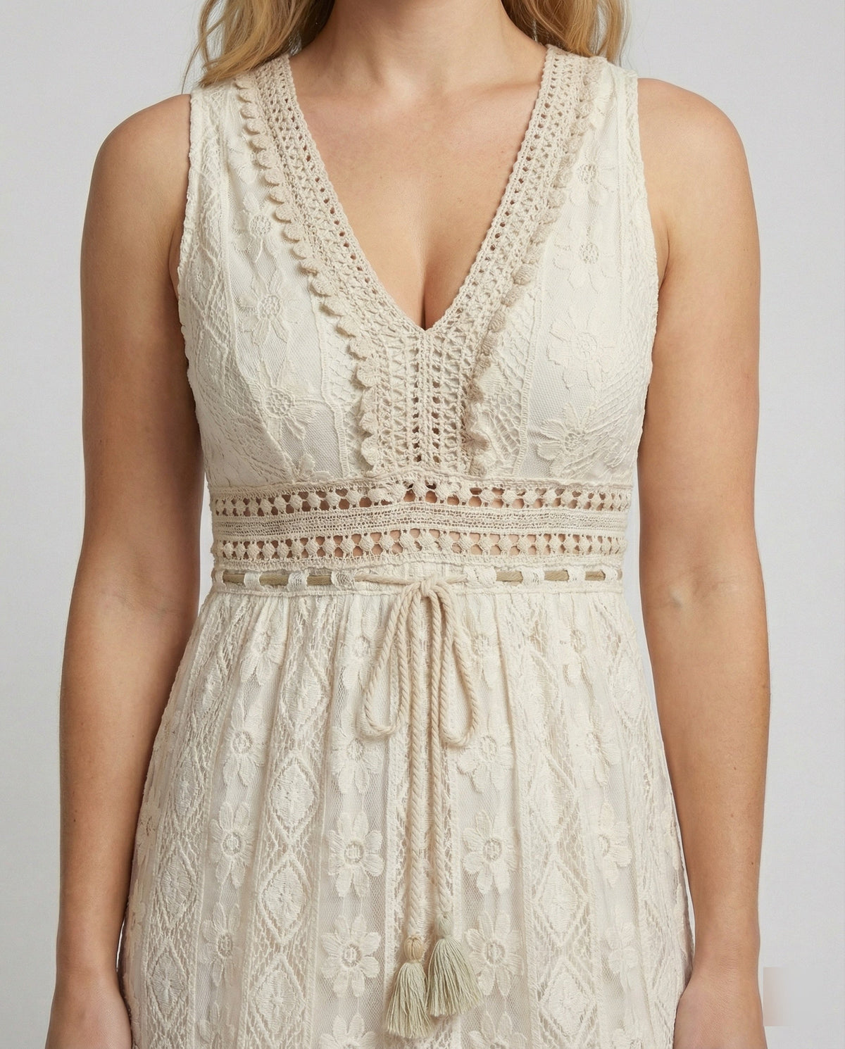 Women's Bohemian Maxi Dress Lace Tiered Tassel Waist