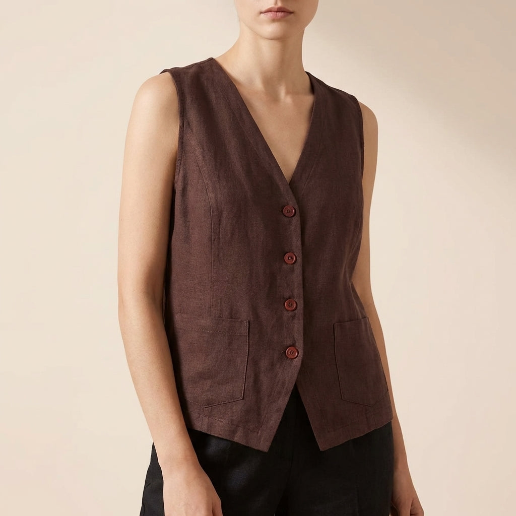 Women's Relaxed Fit Vest Cotton Contrast Trim Patch Pockets