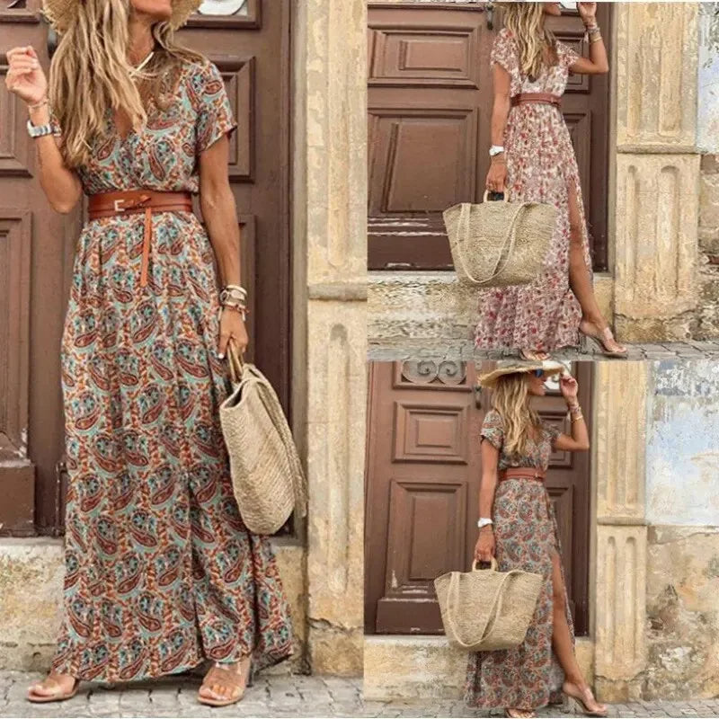 Women's V-Neck Belted Maxi Dress