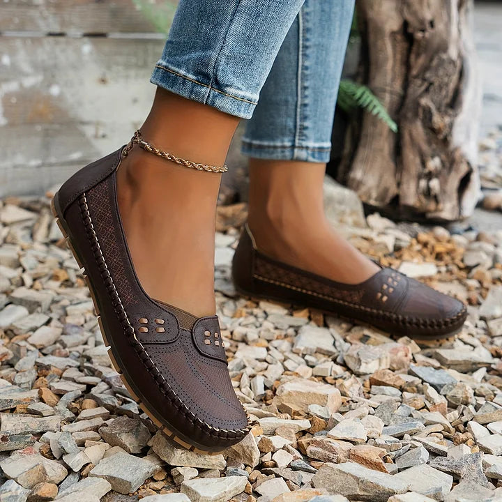 Women's Slip-On Loafers Perforated Leather Whipstitch Detail