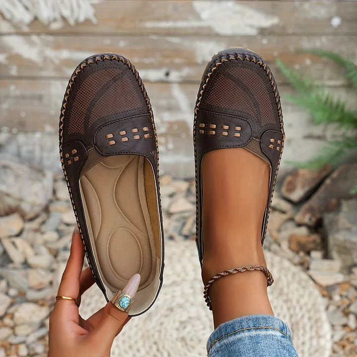 Women's Slip-On Loafers Perforated Leather Whipstitch Detail
