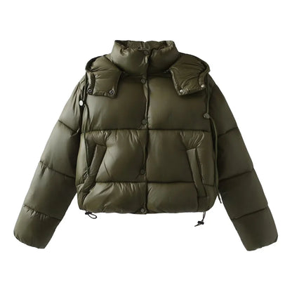 Women's Puffer Jacket Hooded Button Closure Drawstring Hem