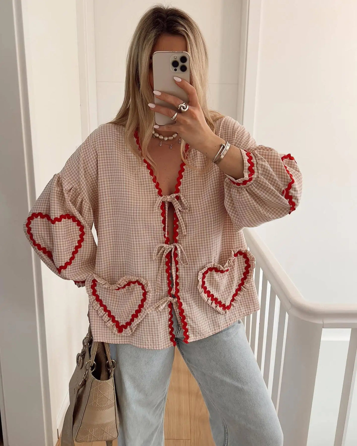 Women's Check Shirt Cotton Heart Appliques Bow Front