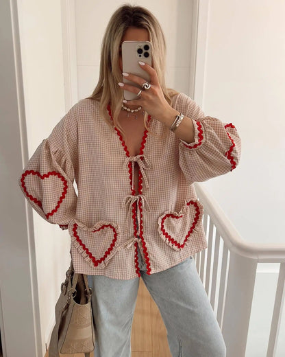 Women's Check Shirt Cotton Heart Appliques Bow Front