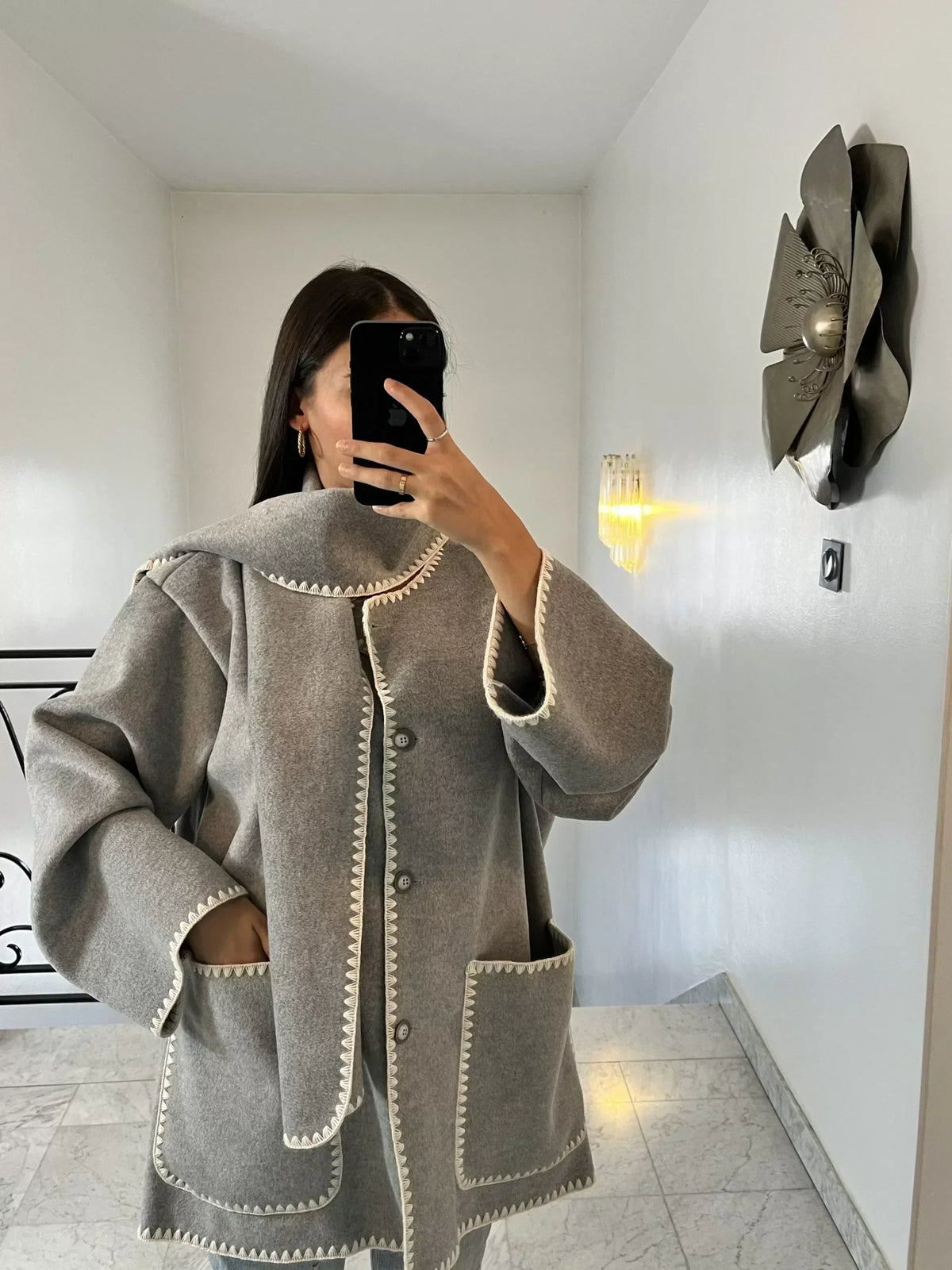 Women's Button Front Jacket Decorative Stitching