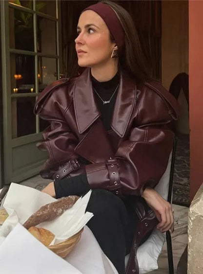 Women's Short Belted Lapel Collar Jacket