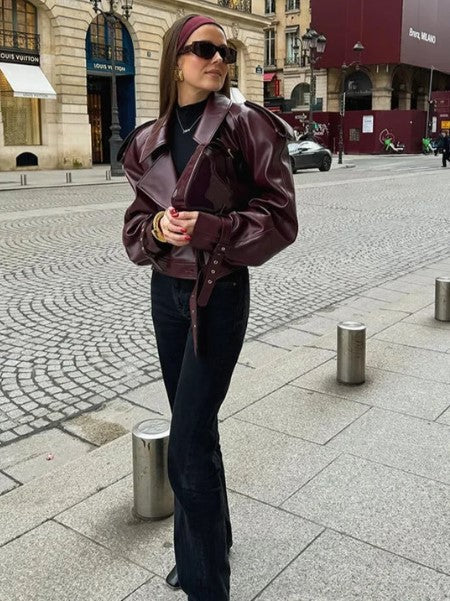 Women's Short Belted Lapel Collar Jacket