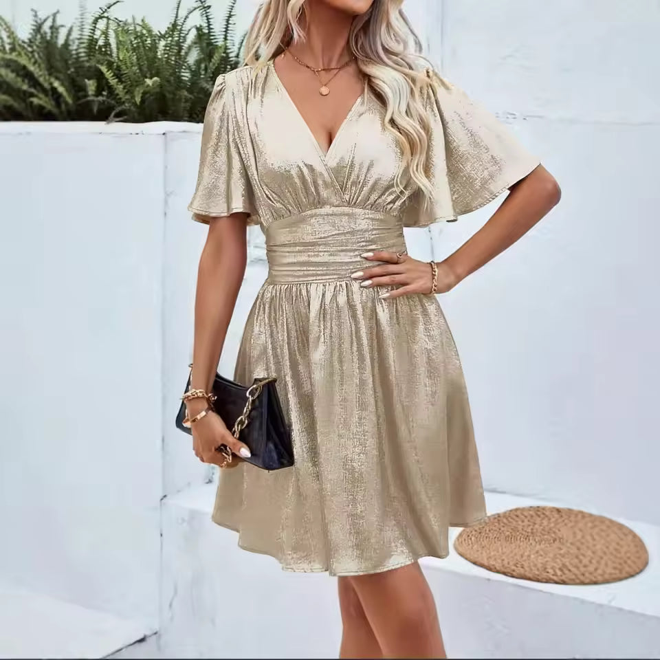 Women's V-Neck Mini Dress Flared Sleeves