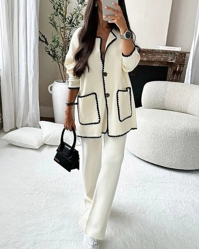 Women's 2 Piece Suit Button Jacket Wide Leg Pants