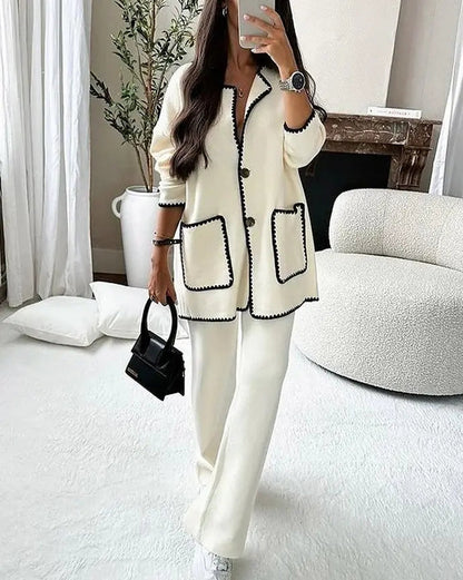 Women's 2 Piece Suit Button Jacket Wide Leg Pants
