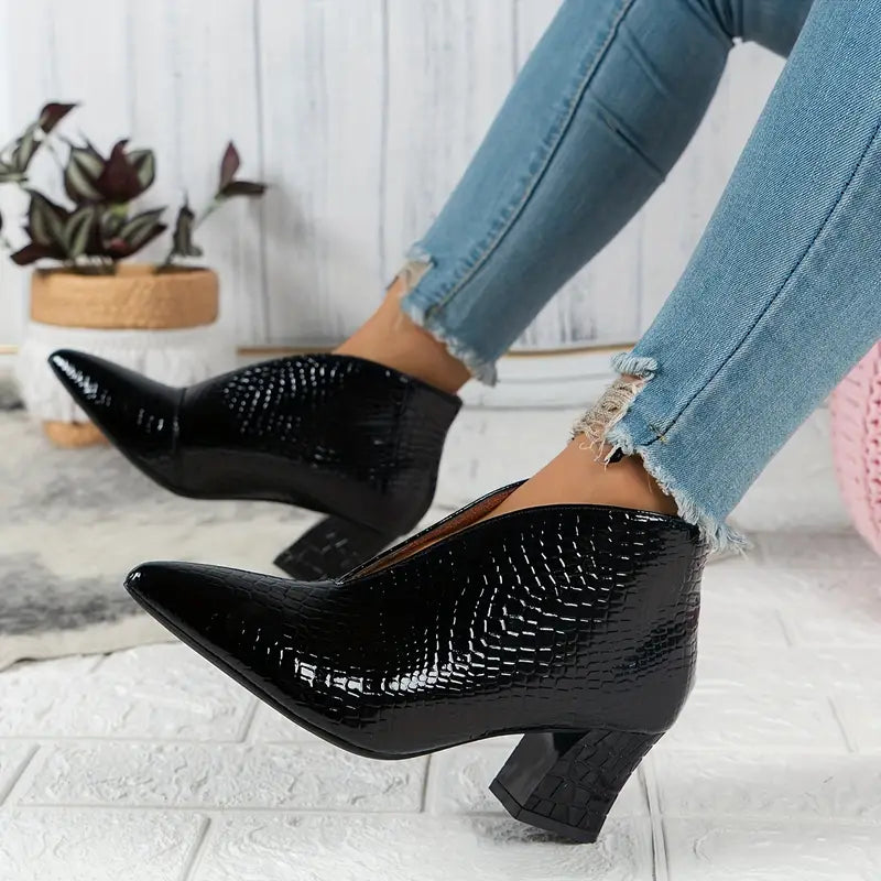 Women's Pointed Toe Ankle Boots Textured Block Heel