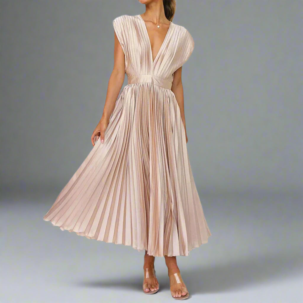 Women's Pleated V-Neck Midi Dress