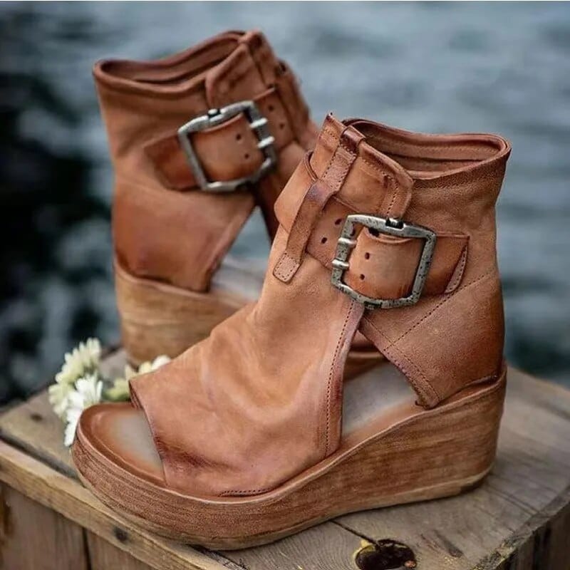 Women’s Open Toe Wedge Ankle Boots with Buckle