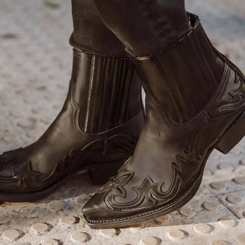 Western Cowboy Ankle Boots Embroidered Pointed Toe Leather Unisex Boots