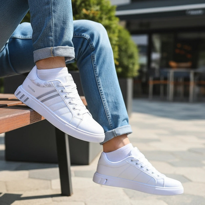 White sneakers with three stripes worn by a person sitting on a bench.