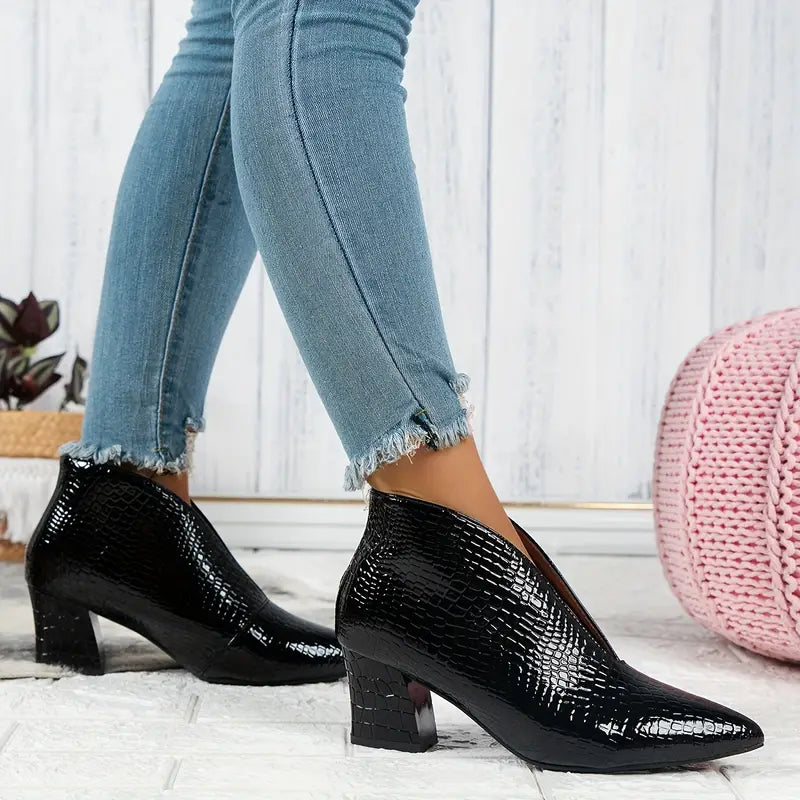 Women's Pointed Toe Ankle Boots Textured Block Heel