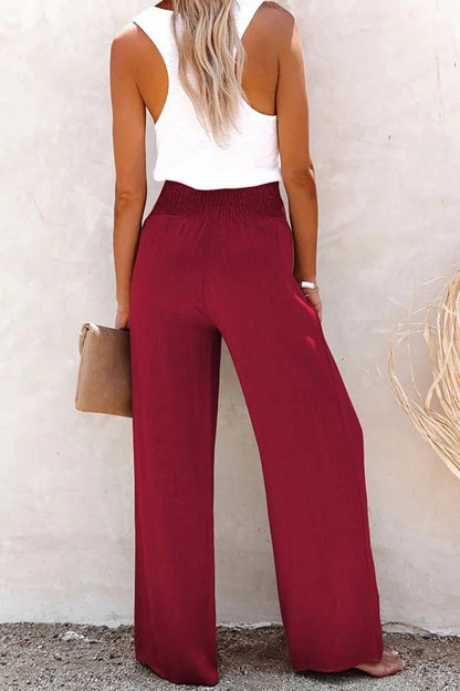 Women's Wide Leg High-Waisted Pants Smocked Waistband Beige