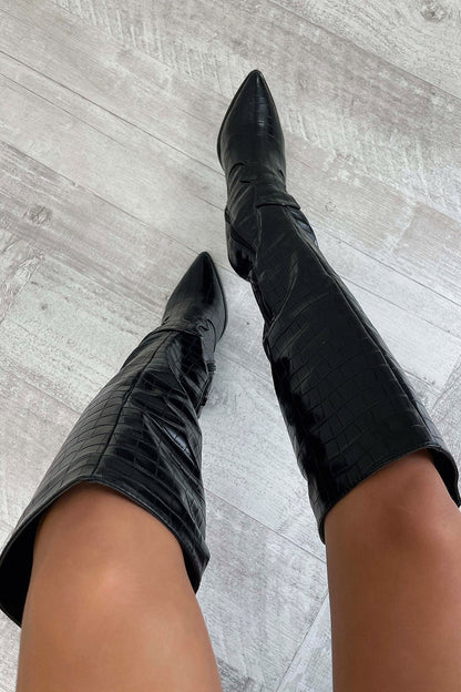 Women's Knee-High Block Heel Boots Textured Design