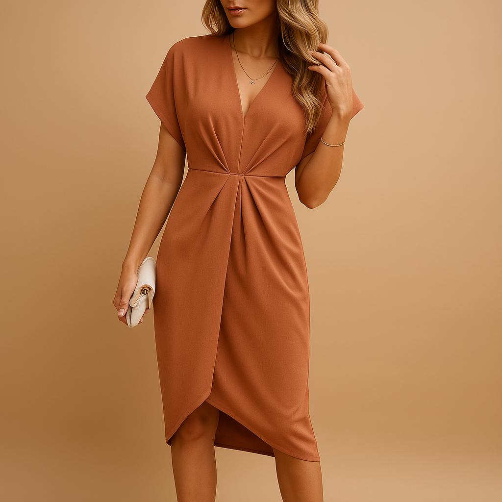 Timeless wrap midi dress for women with flattering fit and elegant design, ideal for work, social events, and dinner occasions.