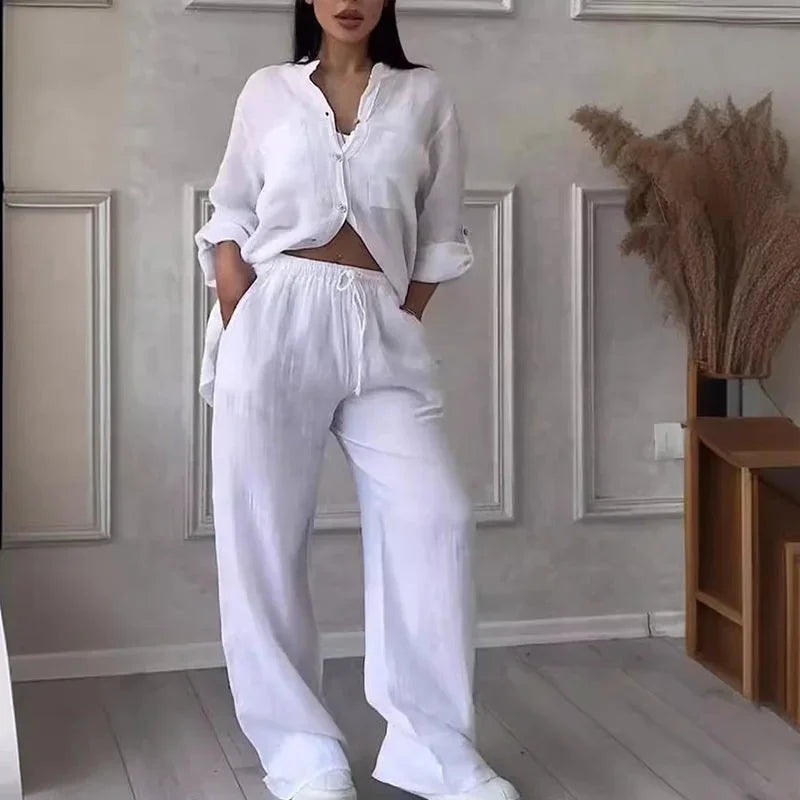 Women's Linen Shirt And Trousers Set Lightweight