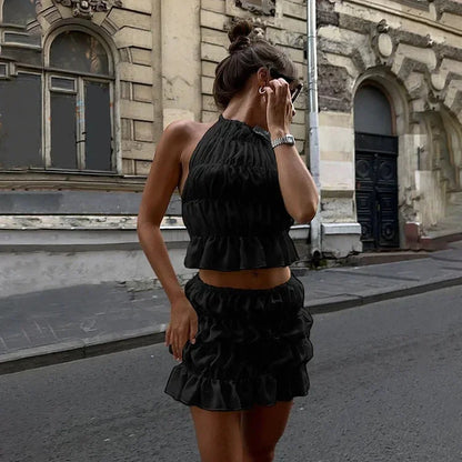 Women's Pleated Halter Neck Two Piece Outfit